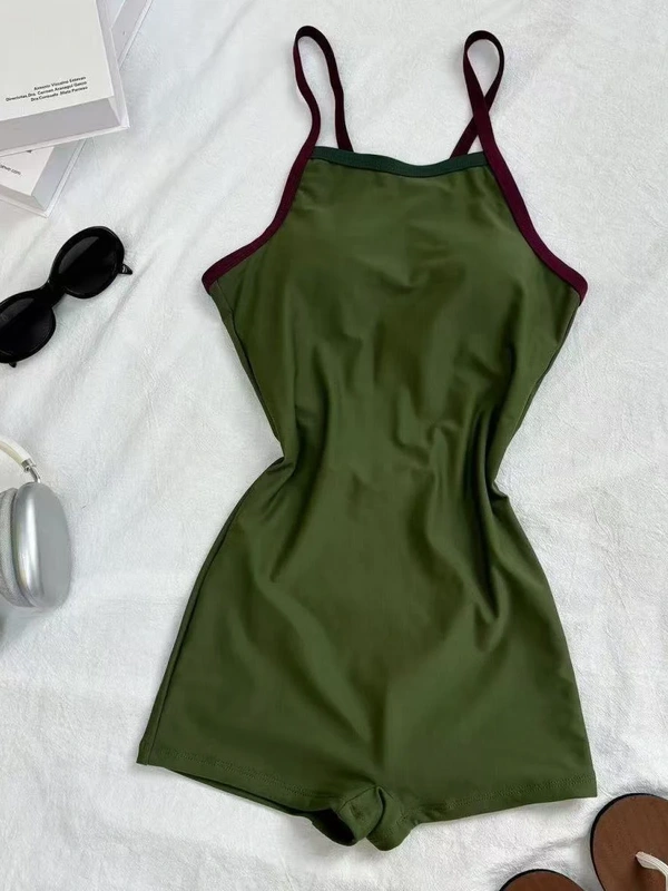 Olive Cross-Back Short-Leg Suit, style SH-TR-09