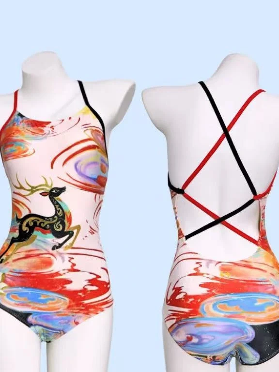 Swirl-Print Cross-Back Suit, style SH-TR-19