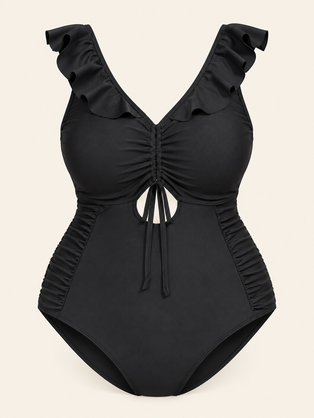 One-piece showing ruffle straps, shaped bust seam and adjustable front detail